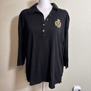 Lauren Ralph Lauren Women's Top Size 1X 1/4 Button Logo Black Collar 3/4 Sleeve